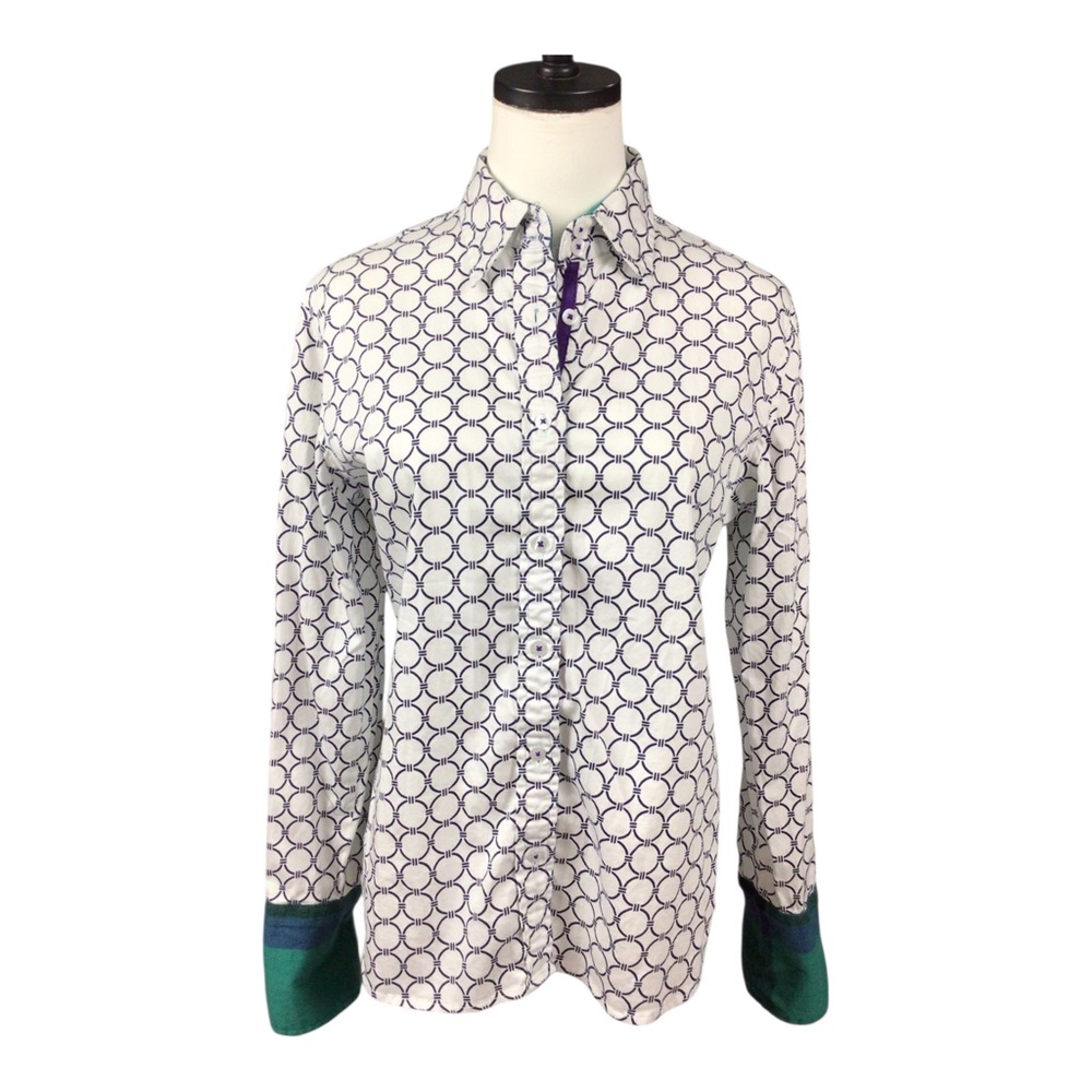 Tizzie Geometric Circle Print Button-Up Blouse White Navy Flannel Cuffs Medium